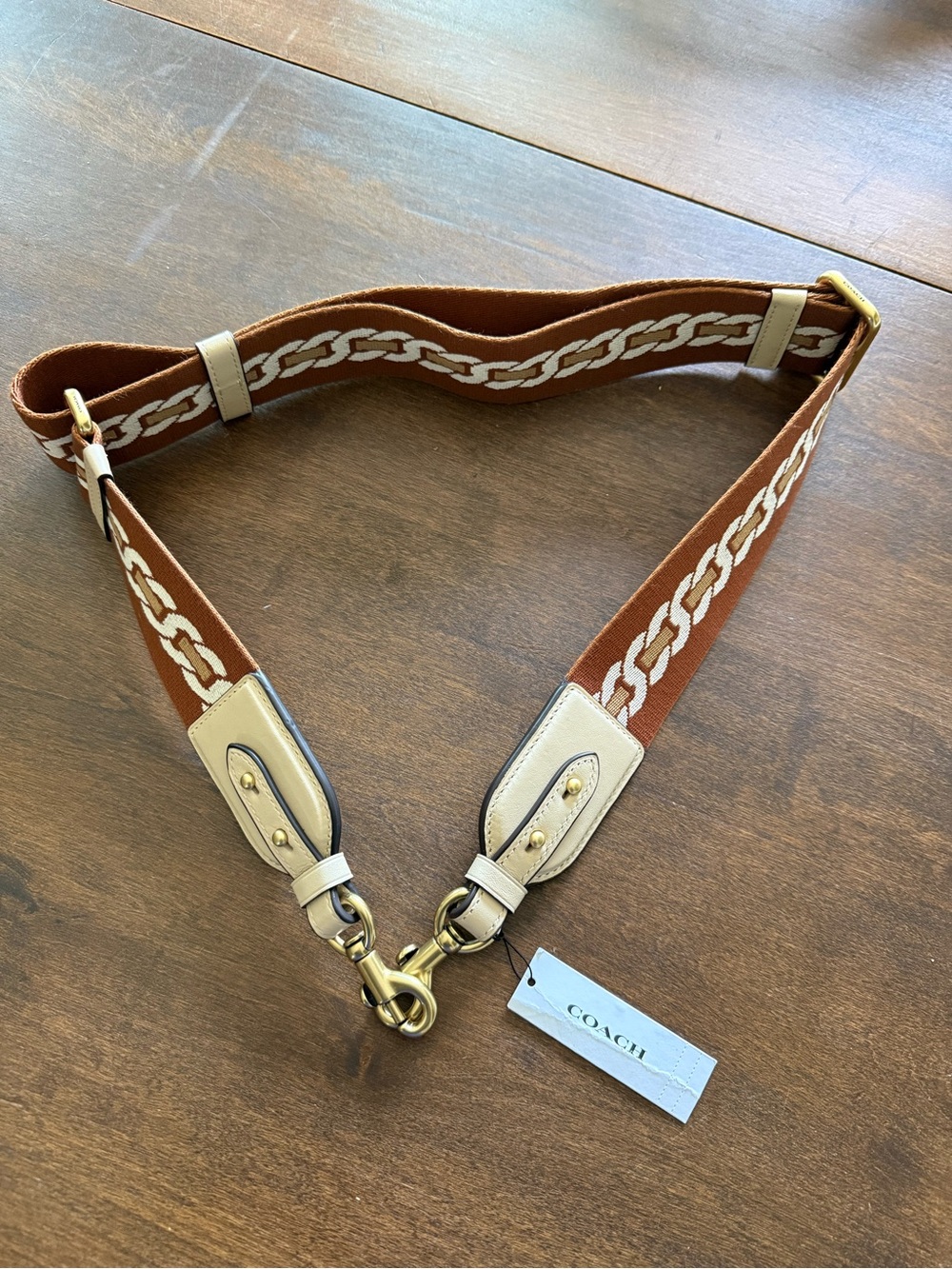 NWT COACH Webbing Strap with Chain pattern in brown, tan, ivory style C3619